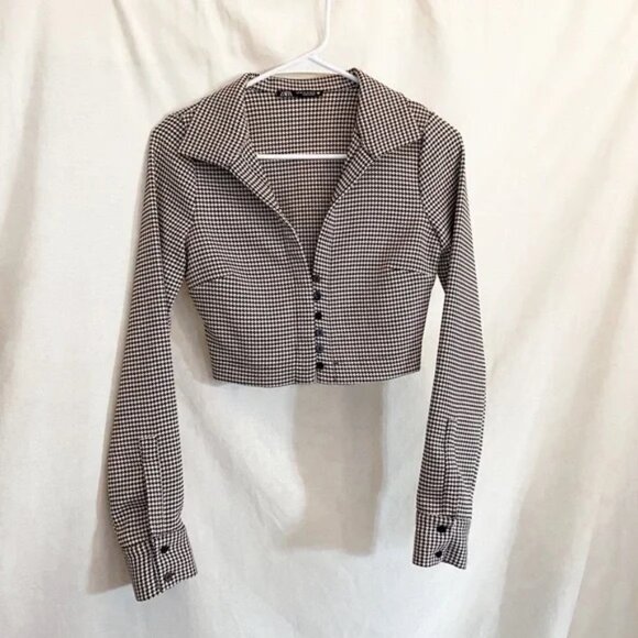 Zara Cropped Herringbone Houndstooth Black Cream Blazer Top S - Picture 2 of 9